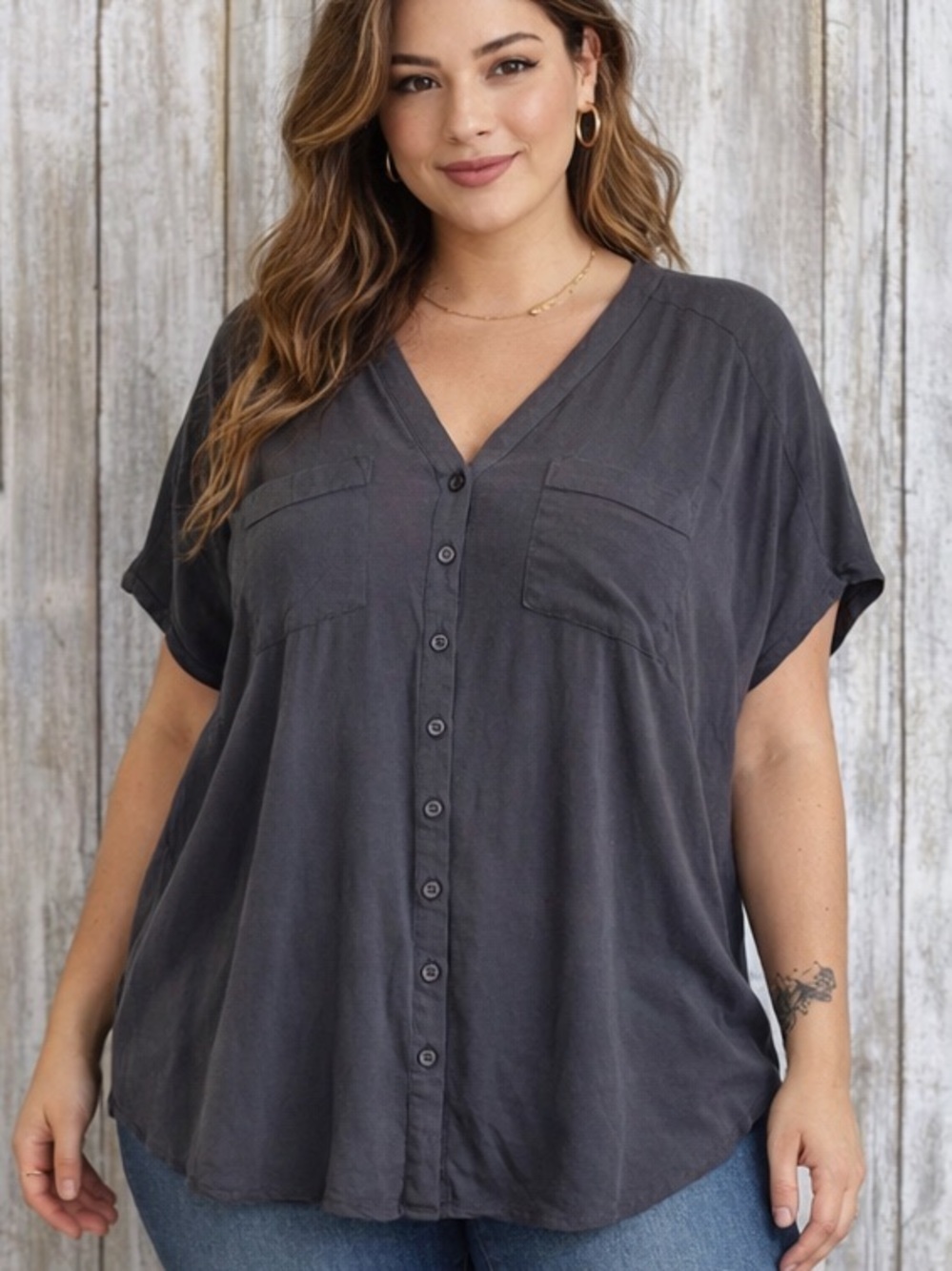 Torrid 1X Dark Gray Button Down Blouse | Plus Size Rayon V Neck Casual Top